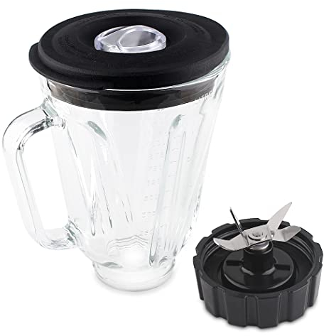 Joyparts Tarro de vidrio de repuesto con hoja y tapa inferior de base, compatible con licuadoras Hamilton Beach (5 tazas)