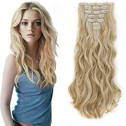 Cybelleza Clip in Extensions Haarverlängerung Haarteil wie Echthaar 7Stücke 16Clips Gewellt Lang Günstig Haarverdichtung Synthetische Haare 50cm (Sandy Blonde&Gebleichtes Blond)
