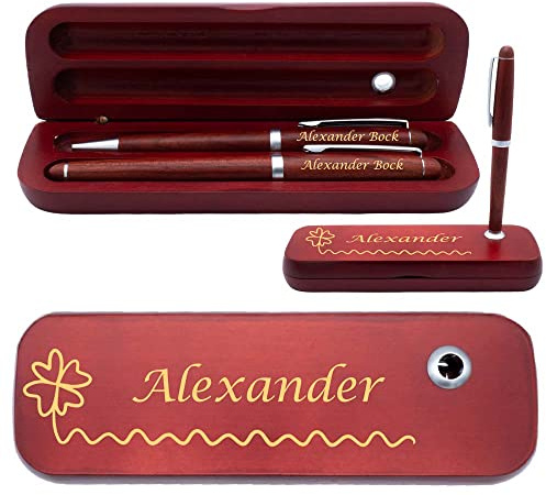 Juwelier Schönschmied Holz Schreibset mit Box | Box, Kugelschreiber und Füllfederhalter mit Wunschgravur | Holzbox mit Kugelschreiberständer | blau schreibend | (Kleeblatt 1)