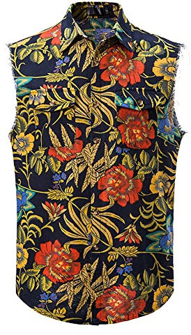 Casual Hemd Herren Retro Ethnischer Stil Druck Basic Hemd Klassisch Revers Knopfleiste Strandshirt Herren Ärmellos Mit Taschen Hawaii Hemd Lose Atmungsaktiv Tank Top Herren TD-04 XL