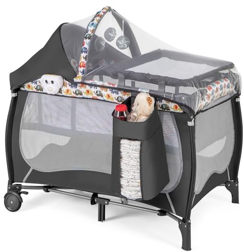 COSTWAY 5 en 1 Lit Parapluie Bébé avec Matelas & Moustiquaire, Lit Bébé Evolutif avec Table à Langer, 3 Jouets Mignons & Boîte à Musique, Sac de Transport, Charge 9kg pour 0-36 Mois