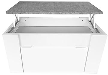 mattfy - Mesa de Centro para el Café/Té, Elevable, Mesita de Salón o Comedor, Color Blanco con Tapa Gris Cemento, Medidas: 90 cm (Ancho) x 50 cm (Fondo) x 46/57 cm (Alto)