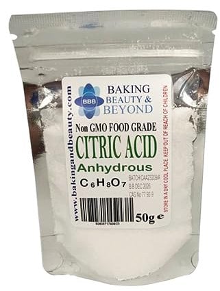 Baking Beauty and Beyond Food Grade Anhydrous Citric Acid - Non-GMO, Premium Quality Acid Perfect for BathBomb, Wine making, cleaning, descaling, Food additive, and cosmetics - 50g