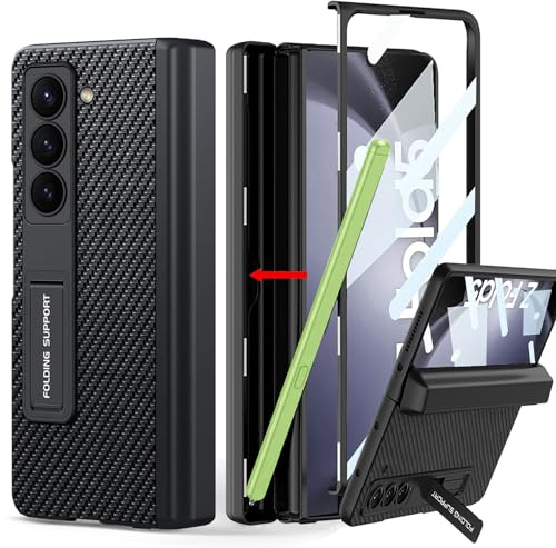 COCOING for Samsung Galaxy Z Fold 5 Case with Pen Holder,Hinged Built-in Pen Holder,with Screen Protector&Adjustable Bracket,Luxury Business Leather Cover Case for Galaxy Z Fold 5 (Black)