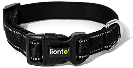 lionto Hundehalsband aus strapazierfähigem Nylon, Größe L, weiches gepolstertes Halsband für Hunde, 360° reflektierend & Klickverschluss, Metallring & Anpassung durch stufenlosen Schieber, schwarz