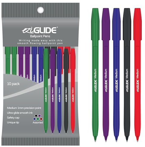 Eziglide 10-Pack Ballpoint Pen Set, 5 Assorted Colours – Medium Point Nib (1.0mm) for Effortless Writing & Comfortable Grip – Perfect for Home, School, Exams, Office, and Handwriting Needs