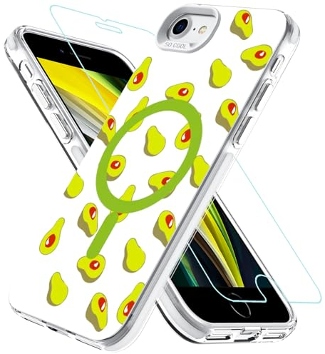 OWKEY Hülle für iPhone SE 2020/2022 (iPhone SE 2/3), iPhone 8/iPhone 7, Magnetisch Schutzhülle für MagSafe mit 9H Schutzglas, Smile Niedliches Muster Design Aesthetic Case Handyhülle (Grün)