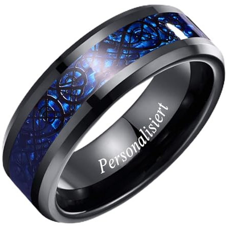 NUNCAD Personalised Herren Ring Schwarz Blau Wolframring Keltischer Ring mit Blue Kohlefasern 8mm Verlobungs Ring für Männer Freundschaftsringe