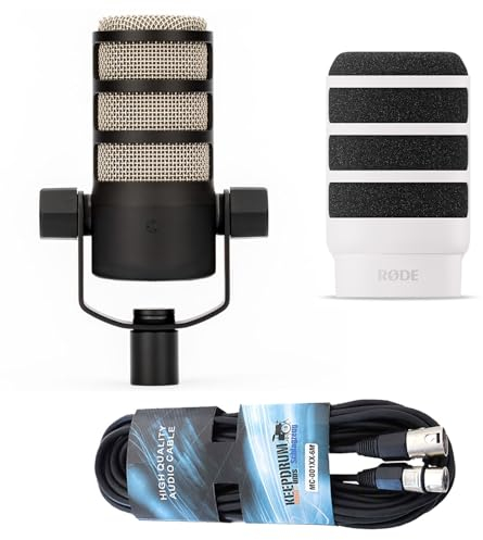 Rode Podmic Microphone professionnel pour podcast + protection anti-pop WS14W Deluxe Blanc + câble XLR Keepdrum