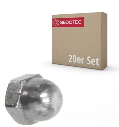 Gedotec | Hutmutter DIN 1587 | M20 | 20 Stück | verzinkter Stahl | Premium Qualität | Sechskanthutmutter, hohe Form, Mutter Gewindestange, Kuppelkopf, Abdeckung, Korrosionsbeständig