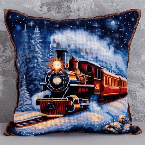 RKFLGEW DIY knüpfen set erwachsene Cartoon-Zug knüpfkissen Sternenhimmel-Landschaft DIY Haken Häkeln Garn Nadel Handwerk einfache handgemachte Kissen für Home Sofa Dekoration 43x43cm