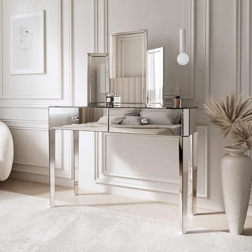 FABS Paloma & Ivy Collection - 2-Piece Set - Silver Paloma Dressing Table & Silver Ivy Tri-Fold Makeup Mirror - Bevelled Glass - Vanity Set - Bedroom Furniture