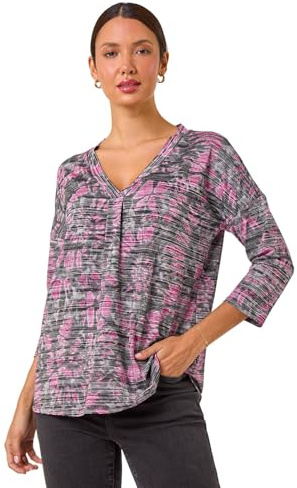 Roman Originals Abstract Spot Print V-Neck Tunic Top for Women UK - Ladies Everyday Holiday Spring Summer V-Neckline Comfy Soft Evening Vacation Work Party - Pink Multi - Size 20