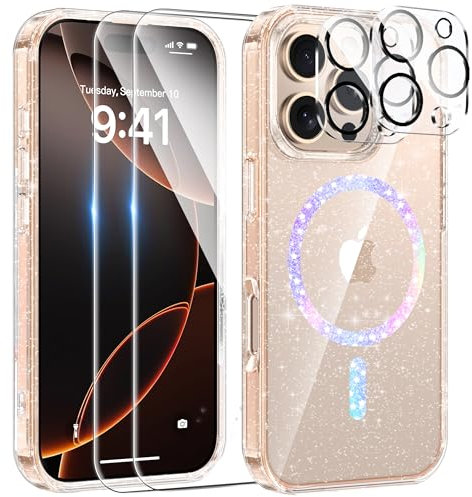 AROYI 5 in 1 Clear Glitter Case Compatible with iPhone 16 Pro Case with 2 Screen Protector and 2 Camera Lens Protector, Bumper Sparkle Bling Women Girls Phone Case for 16 Pro 6.3