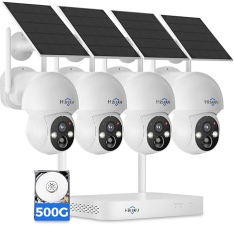 Hiseeu Cámara de Vigilancia Exterior 4MP, Almacenamiento 500 GB, Kit 4 Cámaras de Seguridad Inalámbricas, Seguimiento Automático, Visión Nocturna a Color, Ángulo de 360°, 2,4 GHz para Casa