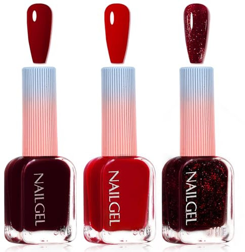 Red Nail Polish Set - Red Glitter Nail Varnish Sets - 3PCS Bright and Dark Red Nail Polish Quick Dry - Rose Cherry Burgundy Nail Polish No Bake Long Last for Winter Nail Art Home