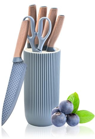 Chef Knife Set with Block, 6-Piece Kitchen Knives Set with Sharp Blades, Professional Knife Set with Ergonomic Handle, Non-Stick Stainless Steel Knife Block Set (Blue)