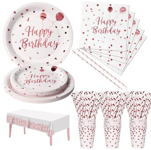 Nkaiso Anniversaire Party Vaisselle,121pcs Rose Or Kit Vaisselles Papier Assiette Tasse Serviette, Enfants Fête Anniversaire Décoration -24 invités