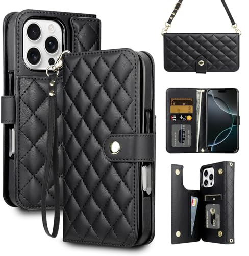 Coolden for iPhone 16 Pro Case Wallet with Card Holder [4 Card Slot] Shoulder Strap for Women PU Leather Flip Magnetic Clasp Heavy Duty Protective Shockproof Cover for iPhone 16 Pro Phone Case-Black