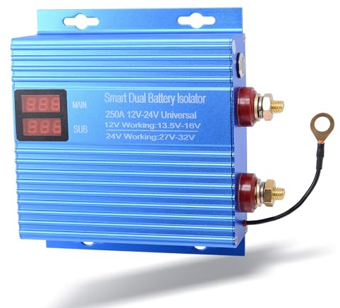 Aputoxz 250A Dual Battery Isolator 12V/24V Universal VSR Voltage Sensitive Relay with LCD Display – Intelligent Split Charge Relay for Cars, Trucks, RVs & Off-Road Vehicles（Blue）