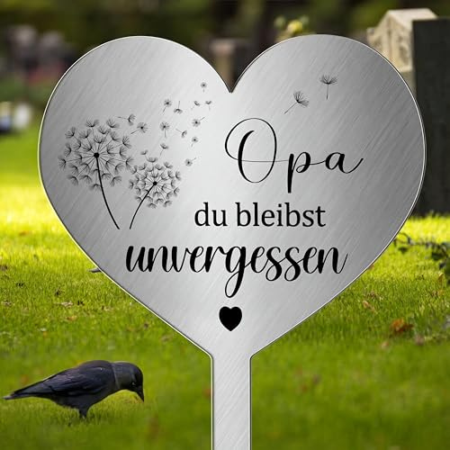 Photect Grabdeko Grabschmuck Wetterfest Grabstecker Metall Herz mit Spruch | Opa Du Bleibst Unvergessen, Friedhof Deko, Urnengrab Dekoration Stecker, Grabstein Wetterfest zum Erinnerung Andenken Trauer