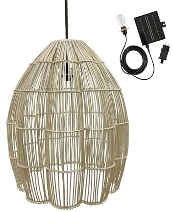Avila Solar Pendelleuchte aus natürlichem Rattan, mit Hybridkabel, Netz- und Solarkabel, 5 m Länge