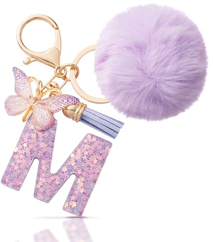 CHUQING Schlüsselanhänger Buchstabe Geschenke Mädchen mit Pompon | Schlüsselanhänger mit Buchstabe und Pompon, süßer Schmetterling Keychain als Geschenk für Mädchen und Damen