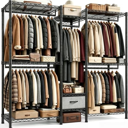 Klyvvo 550 KG Traglast Schwerlast Offener Kleiderschrank für Mäntel, Jacken | Kleiderständer mit 8 Höhenverstellbaren Regalböden, 5 Kleiderstangen & 1 Schublade,189x45x194,5 cm, Metallrahmen, Schwarz