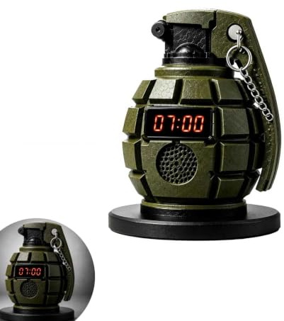 WEIWOGU Grenade Alarm Clock with Interactive Safety Pin Shut Off (1pc) | Loud Novelty Wake Up Clock, Cool Desk Gadget & Bedroom Decor Gift for Teen Boys, Men, and Military Enthusiasts