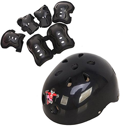 erioctry 7PCS Kid's Safeguard Sports Support - Knee Pads Elbow Pads Wrister Bracers Safety Helmet for Skate Skateboard Bicycle (Black, Medium 6-14 years old)