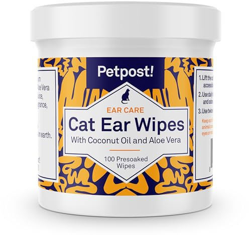 Petpost | Toallitas Limpiadoras de Oído para Gatos – 100 Almohadillas de Algodón Ultra Suave en Solución de Aceite de Coco – Tratamiento para Garrapatas de Oído de Gatos e Infecciones Auditivas