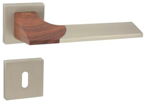 domino Türgriff Drückergarnitur BB-Buntbart Set quadratische Rosette Türklinke für Zimmertür, Bürotür, Kellertür & Innentür Türbeschläge aus Znal Satin Nickel/Wood LIKE QR M91/WOOD