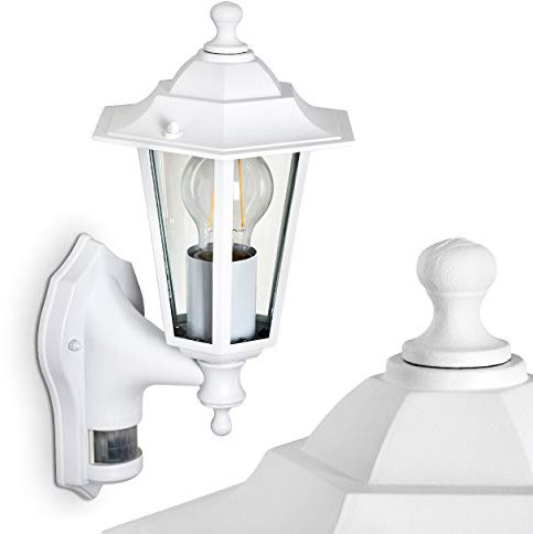 HOFSTEIN Außenwandleuchte Loria aus Metall weiß und Glas klar, Wandlampe mit Bewegungsmelder für Einfahrt, Terrasse, Außenfassade, Balkon, Hof