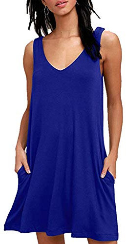 YMING Femme Col V Robe Tenue décontractée t-Shirt Coupe Ample sans Manches Bleu Saphir L
