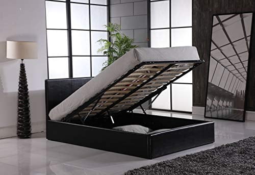 Modernique 4FT6 Black Faux Leather Ottoman Storage Double Bed, Gas Lift Storage Bed,