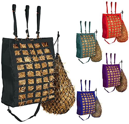 MAJESTIC ALLY Heutasche für Pferde, verstellbarer Reise-Futterspender für Anhänger und Stall, Futtersack mit Gurtunterstützung, simuliert Grasbildung, reduziert Abfall, 13x11x3, schwarz