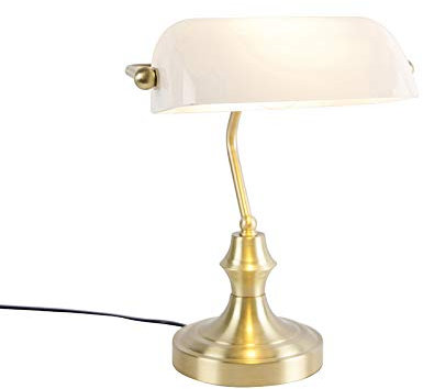 Qazqa - Klassisch I Antik Klassische Notarlampe Gold I Messing mit Opalglas - Banker I Wohnzimmer I Schlafzimmer I Bankerleuchte - Länglich - LED geeignet E27