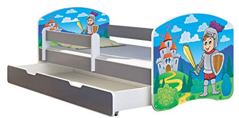 ACMA Kinderbett Jugendbett mit Einer Schublade und Matratze Grau mit Rausfallschutz Lattenrost II (32 Ritter, 180x80 + Bettkasten)