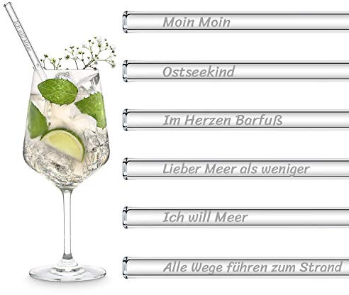 HALM Ostsee Sprüche Edition | 6 Stück gerade 20 cm mit Gravur | Moin Moin norddeutscher Humor Geschenk | Wiederverwendbare Glas-Trinkhalme graviert - Glasstrohalme