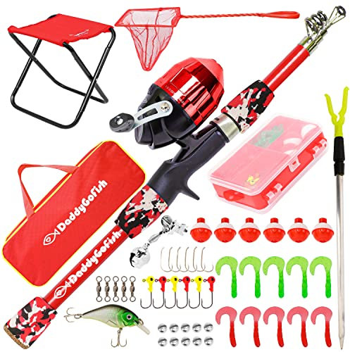 DaddyGoFish Kinder Angelset - Teleskoprute & Rolle Combo mit Klappstuhl, Rutenhalter, Tackle Box, Ködernetz und Tragetasche für Jungen und Mädchen - Rot, 5ft