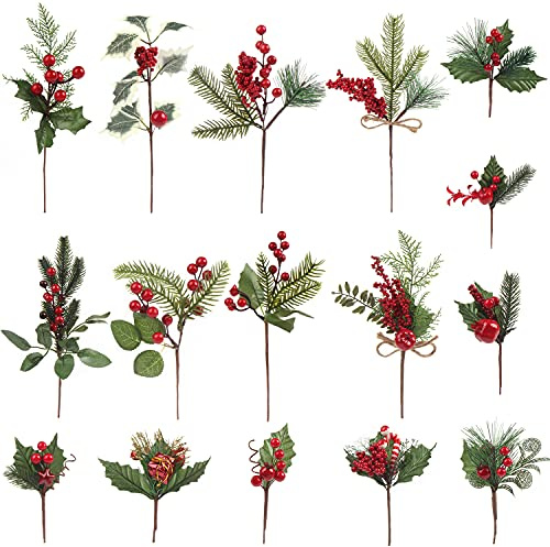 CCINEE Künstliche Stechpalmenstiele für Weihnachten, 16 Stück, Verschiedene Tannenbeeren, Zweige, künstliche Stechpalmenstiele für Weihnachtsbaumdekoration, Basteln, Girlandenkranz, Dekor