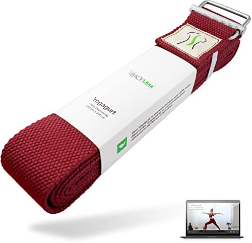BACKLAXX ® Yoga Gurt Baumwolle (rot) – Nachhaltiges Yoga Zubehör Set, Yogagurt 250 cm lang mit praktischem Verschluss aus Metall – Yoga Set ideal für Yoga, Pilates und Dehnen inkl. Anwendungsvideo