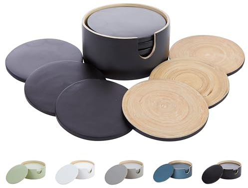 HABITAAS Bambus-Untersetzer, gesponnenes Bambus-Holz-Untersetzer-Set mit Halter für Couchtisch, Schwarz
