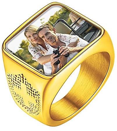 FaithHeart goldener Benutzerdefiniert Fingerring mit Kreuz Symbol Personalilsierter Siegelring mit Foto Text Gravur Herren Damen Bandring für Ihre Freunde und Familie