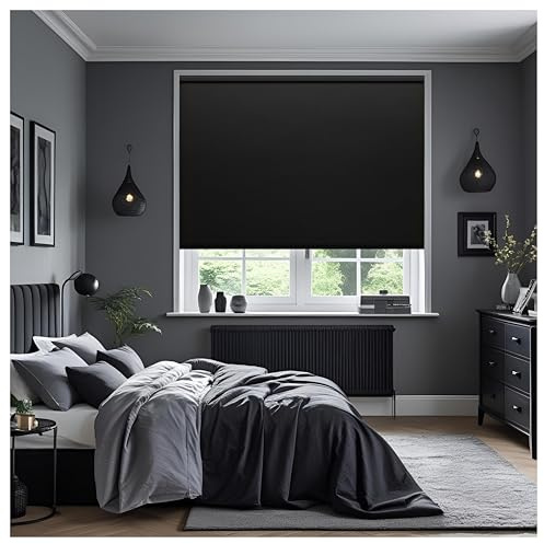 Thermal Insulated Blackout Fabric Roller Blinds, Easy Fit Room Darkening Shades Fittings Included Black (Width 240cm x Length 210cm, Thermal Blackout, Black)