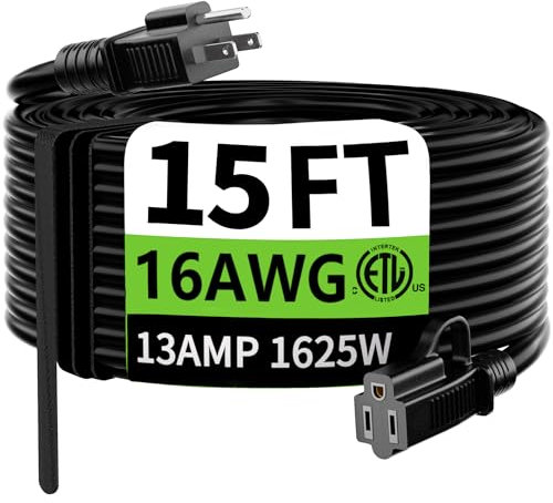 HUANCHAIN Black Extension Cord, 15 Feet 16/3 Cold Resistant SJTW 13A 1625W 16AWG ETL Male to Female Indoor Outdoor