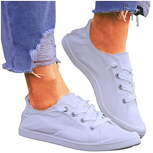 SUNNSEAN Sneaker Damen Leicht Flache Schuhe Atmungsaktive Stoffschuhe Elegante Frauen Schnürhalbschuhe Laufschuhe Sommer Herbst Outdoor Walkingschuhe Halbschuhe, V02 Weiß, 39 EU