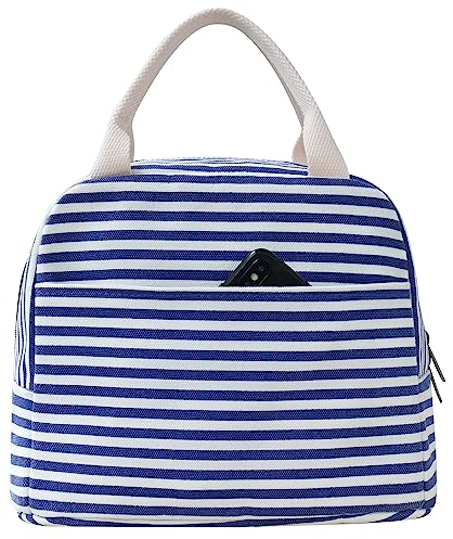 EurCross Blue White Stripes Lunch Bag for Adult Women Girls,Canvas Medium Insulated Cool Lunch Tote Box Bag for Work for School