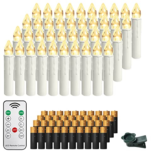 Froadp 40 Stück Mini Weihnachtsbaumkerzen Kabellose mit Timer, Fernbedienung & Clips Warmweiß LED Kerzen Satz Christbaumkerzen Dimmbar Baumkerzen Dekoration für Weihnachten (mit AA Batterie)