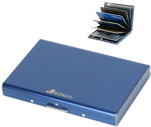 BONSYL® Porta Carte di Credito in Metallo con Blocco RFID, Portafoglio Ultra Sottile in Acciaio Inossidabile con 6 Fessure per Carte, Porta Carte di Credito per Uomo e Donna. (6 Carte/Blu)